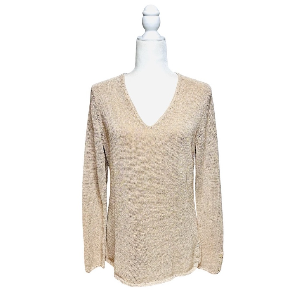 J. McLaughlin V-neck Sweater Mesh Knit Size Medium Tan Cream Cotton Blend